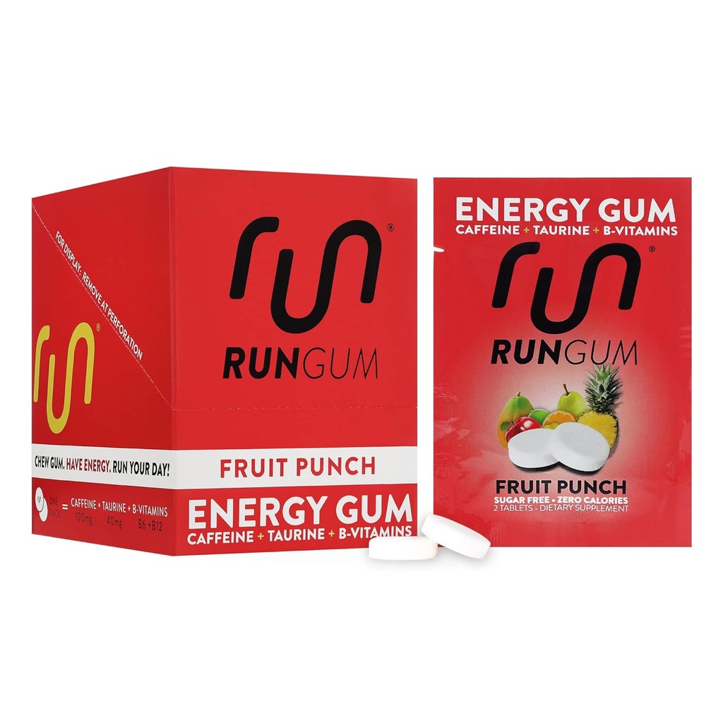RUN GUM Fruit Punch Energia Mascar chiclete 50mg Taurina de cafeína & B-Vitaminas por peça, 24 Peças (Pacote de 12) Livre de Açúcar, Zero Caloria, Sem Aspartame, e Gluten Free, 1 ea