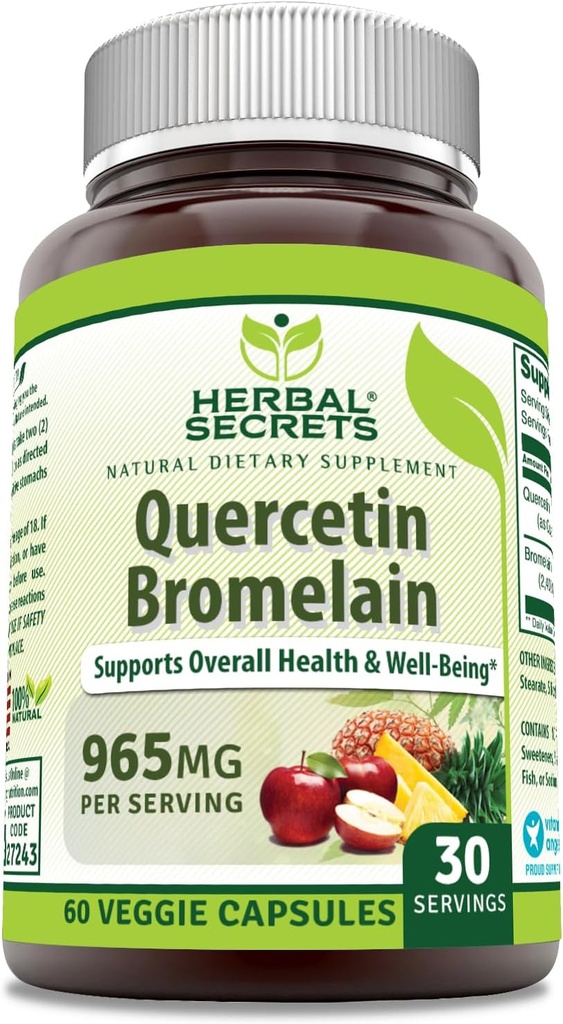Herbal Secrets Quercetin 800 Mg com Bromelain 165 Mg Supplement (Suplemento) 60 Cápsulas Veggie (Não-GMO) Feito nos EUA