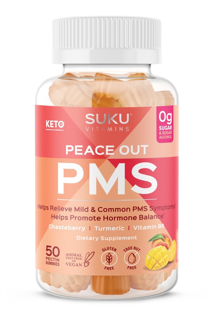 SUKU Vitaminas - Suplemento de Gummy PMS com Chasteberry para aliviar PMS e pastilhas de manga de pêssego Menopausa (50 Count)