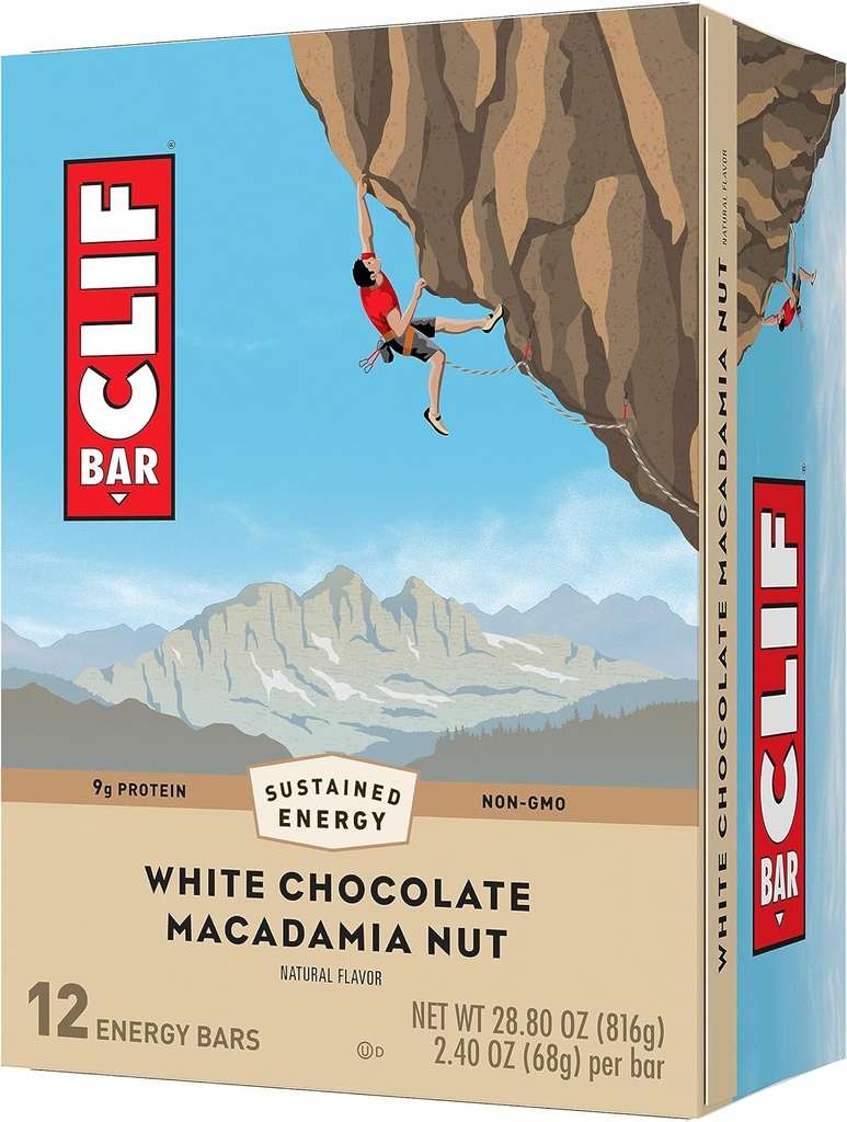 CLIF BAR - Chocolate branco sabor de nozes de macadâmia - Feito com aveia orgânica - Não-GMO - Base vegetal - Barras de Energia - 2,4 onças (12 pacote)