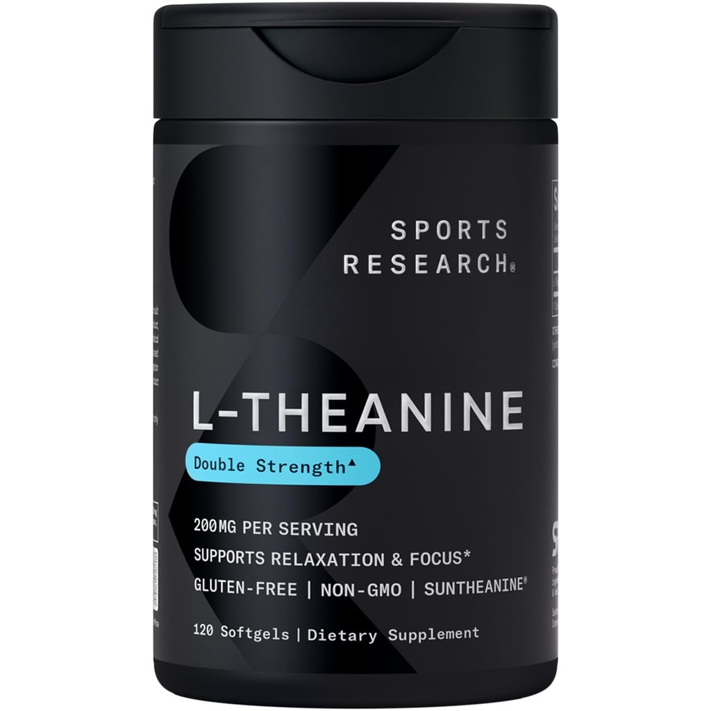 Sports Research Double Strength L-Theanina Supplement - Suntheanina Softgels para Foco, Relaxação e Alerta - Não-Drowsy Support Made with Coconut Oil, Non-GMO & Gluten Free - 200mg, 120 Count