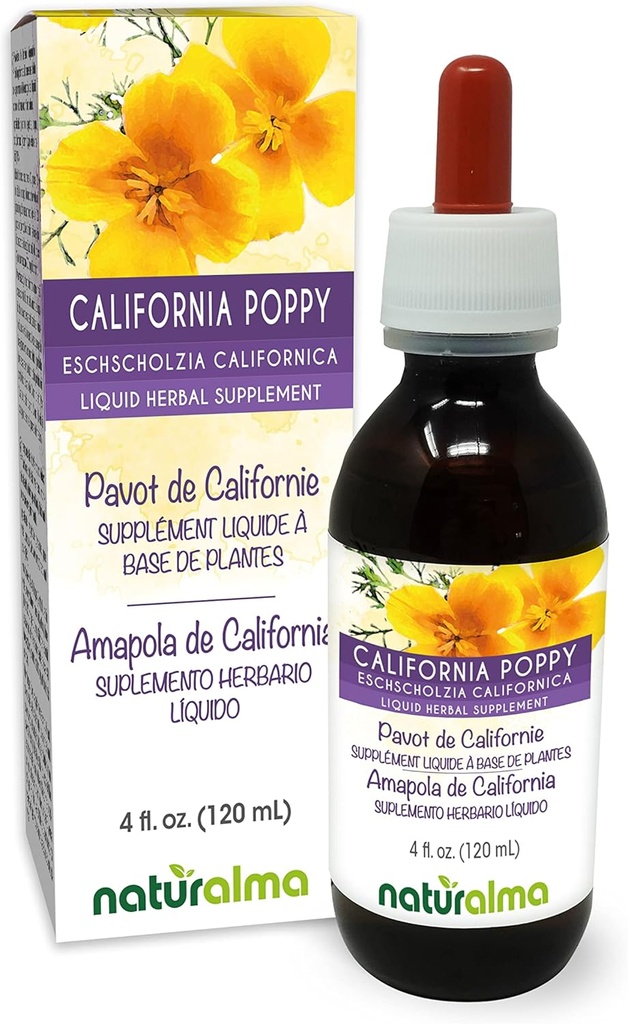 Naturalma Eschscholzia (Eschscholzia californica) erva sem álcool Tintura - 4 fl oz Extrato líquido em gotas - Suplemento de ervas - Vegan