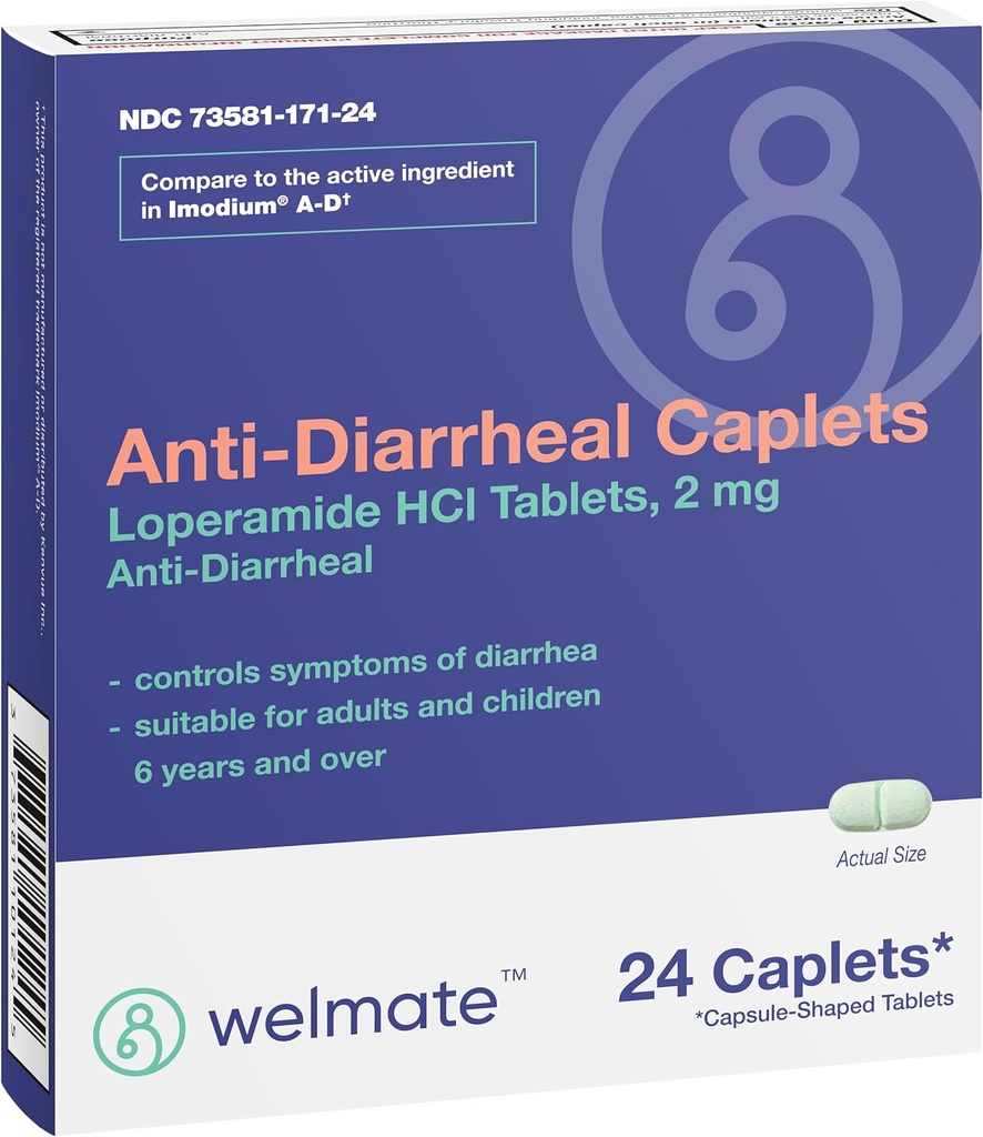 WELMATE - Caplets antidiarreicos (24 Caplets) - Loperamida HCL 2 mg - Diarrhea Symptom Reliever - Reliever Estómago Perturbado - Anti Diarhea Pills - Over-The-Counter Medication