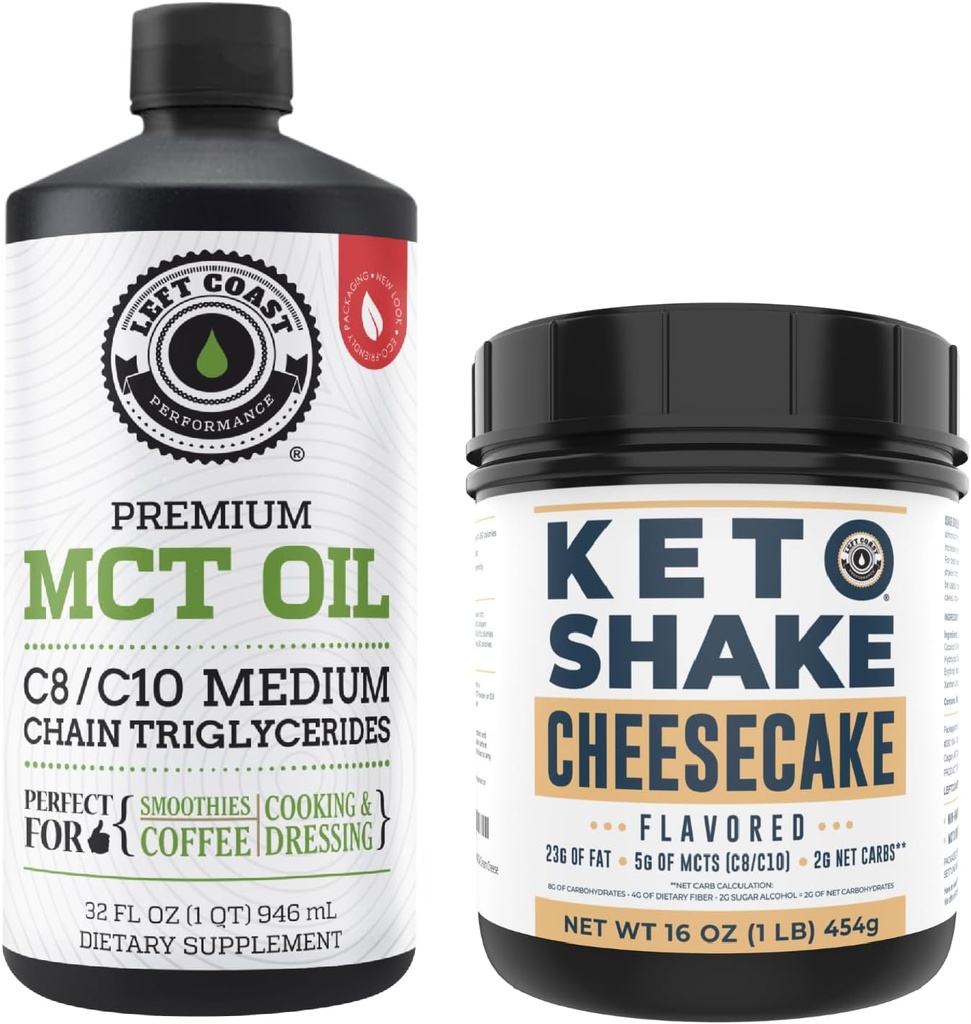 Desempenho Costa Esquerda 100% óleo de coco MCT líquido, 32oz + Cheesecake Keto Replacement Shake, 16oz