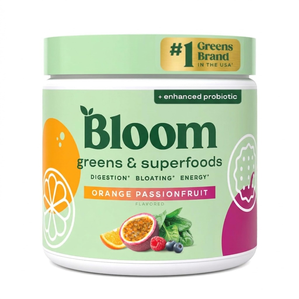 Bloom Nutrition Superfood Greens Powder, Enzimas Digestivas com Probióticos e Prebióticos, Gut Health, Bloating Alief for Women, Chlorela, Juice Mix w/Beet Root Powder, 30 SVG, Laranja Maracujá