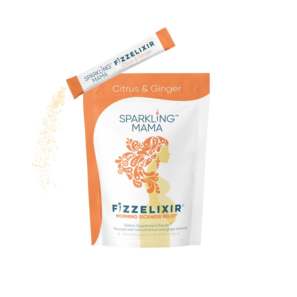 MAMA SPRKLING: Bebida matinal de doença, Mistura Efervescente de Fizzelixir Settles The Stomach, Gravidez, 1o Trimester, IBS, Náusea, EUA Made (Vitamina B6, Magnésio e Ácido Fólico), Citrus & Ginger 18 Sticks