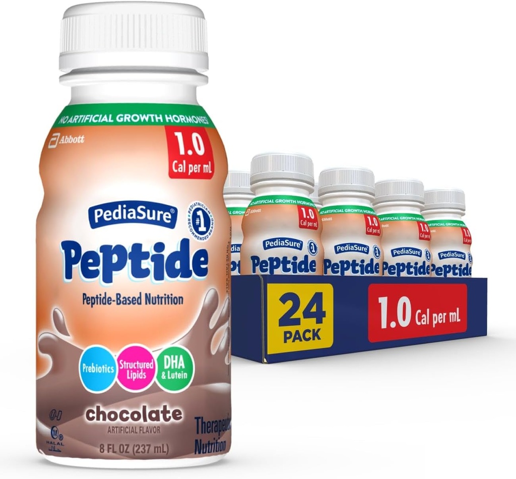 Pediasure Peptide 1.0 Cal,24 Count,Complete,Balanced Nutrition for Kids with GI Conditions,Peptide-Based Formula, with 7g Protein and Prebiotics, for oral or tube feeding,chocolate,8-fl-oz Garrafa