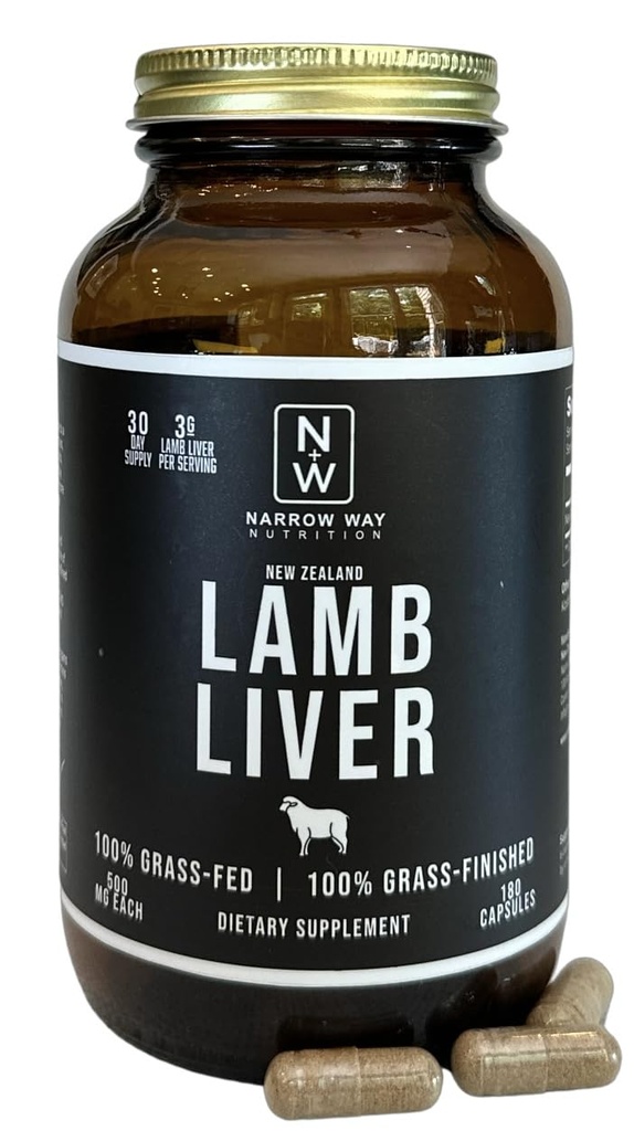 Fígado de cordeiro regenerativamente criado na Nova Zelândia (180 cápsulas), 100% grama-Fed & 100% grama-Terminado, 30 dias de fornecimento em 6 cápsulas diárias (Caspés Kosher Bovine Gelatin)