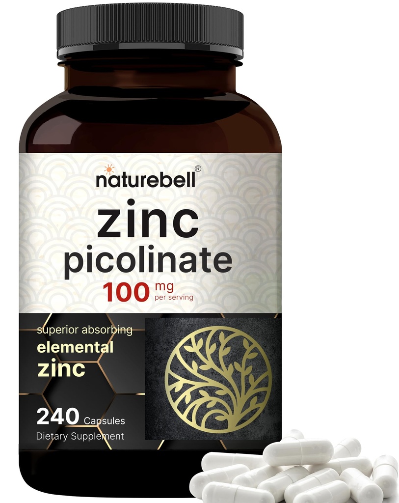 Picolinato de zinco de alta potência 100mg - 240 Cápsulas, Forma biodisponível de zinco para suporte imunológico e saúde da pele - Não-GMO e glúten