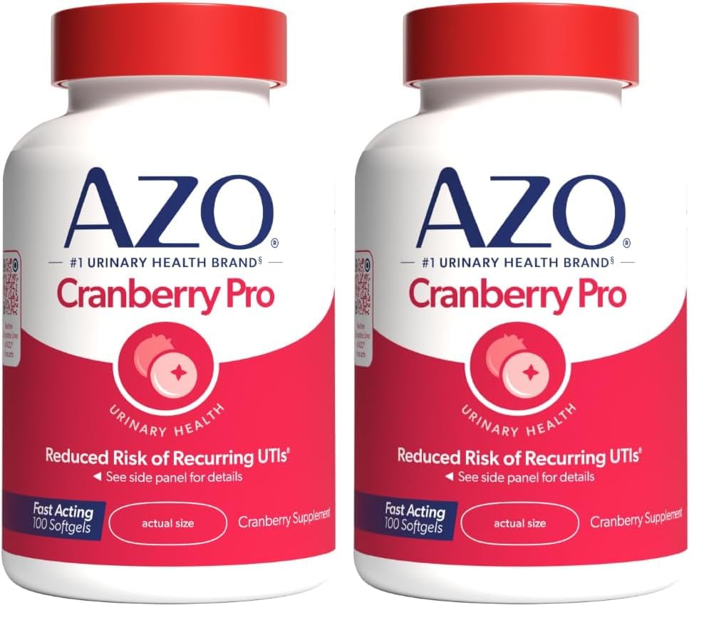 AZO Cranberry Pro Suplemento de saúde urinária 600mg PACRAN, 1 Servindo : Mais de 1 copo de suco de cranberry, Pílulas de cranberry livre de açúcar, Não-GMO 100 Softgels (Pacote de 2)