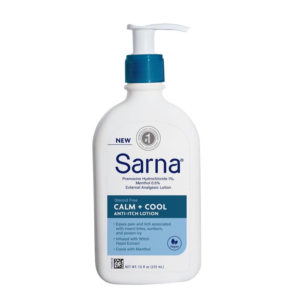 Sarna Calm + Cool Anti-Itch Lotion, Soothe e aliviar a dor e coceira de mordidas de insetos, queimadura solar, & Hera venenosa, contém 1% de cloreto de Pramoxine, 0,5% mentol, Vegan, Esteróide-livre, 7,5 onças