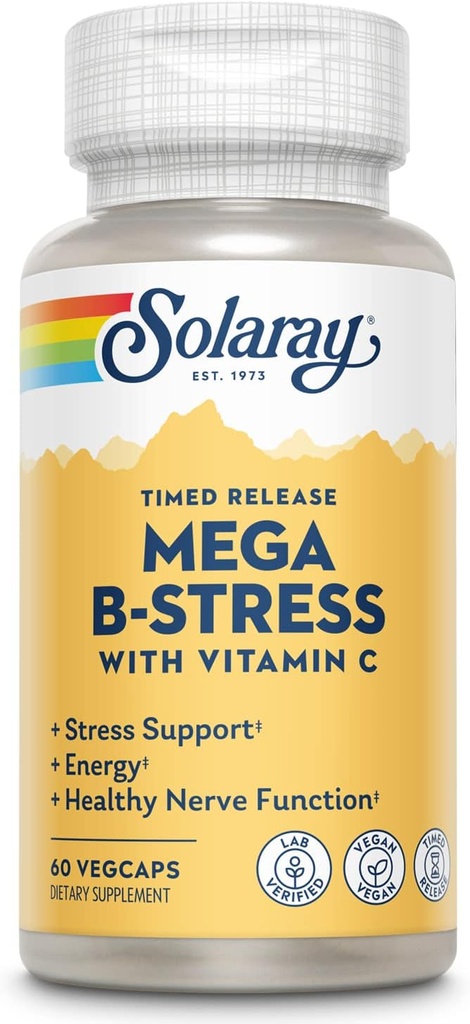 SOLARAY Mega Vitamina B-Stress, Timed-Release Vitamina B Complexo com 1000 mg de vitamina C para estresse, Energia, Célula de sangue vermelho e apoio imunológico, 60 Dia de garantia, Vegan, 20 Servings, 60 VegCaps