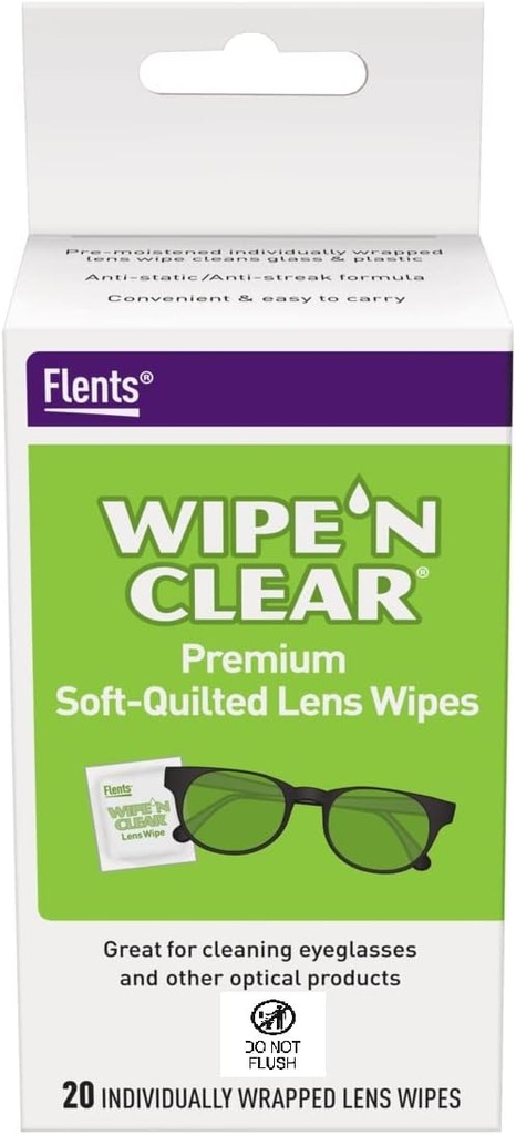 Lens de flants, Wipe 'N Clear, 20 Count, pré-hidratado, Streak-free, seguro para óculos, anti-fog, limpeza suave, visão clara, individualmente embrulhado para viagem e conveniência, feita nos EUA