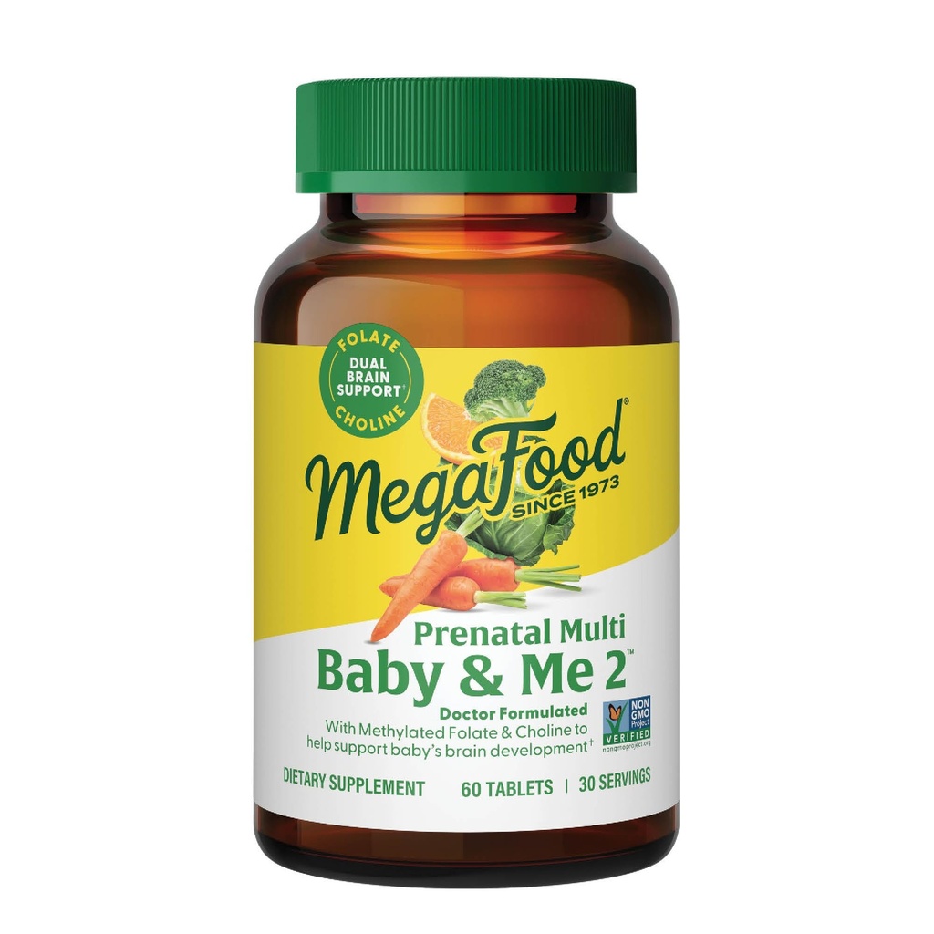 MegaFood Baby & Me 2 Vitaminas e Minerais Pré-Natais - Vitaminas para Mulheres - com Folato (Forma Natural de Ácido Fólico), Colina, Ferro, Iodo e Vitamina C, Vitamina D e muito mais - 60 Tabs (30 Servings)