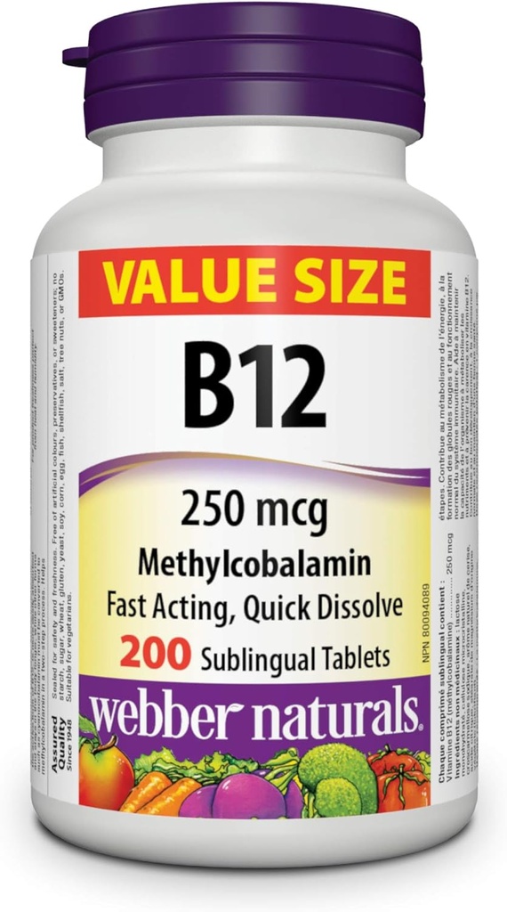Webber Naturals Vitamina B12 250 mcg Metilcobalamina, 200 Comprimidos Sublinguais