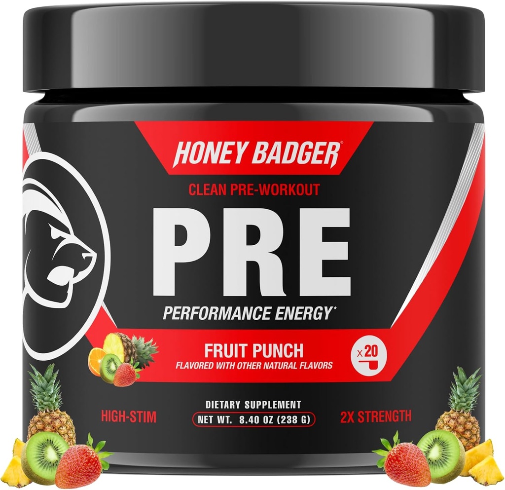 Mel Badger pré-treino em pó, Keto Vegan Pré-treino para homens e mulheres, Beta Alanine & Cafeína, Açúcar suplemento de energia natural gratuito, Fruit Punch (High-Stim)