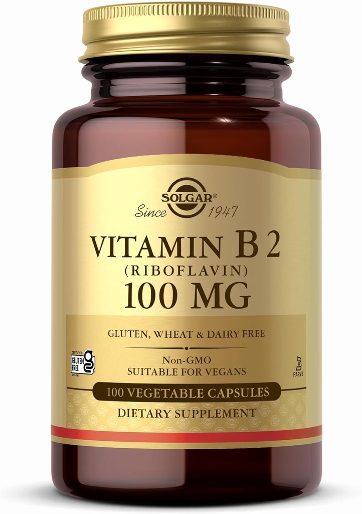 Solgar Vitamina B2 (Riboflavina) 100mg - 100 Cápsulas Vegetais - Não-GMO, Vegan, Sem glúten, Leite Livre, Kosher - 100 Serventes