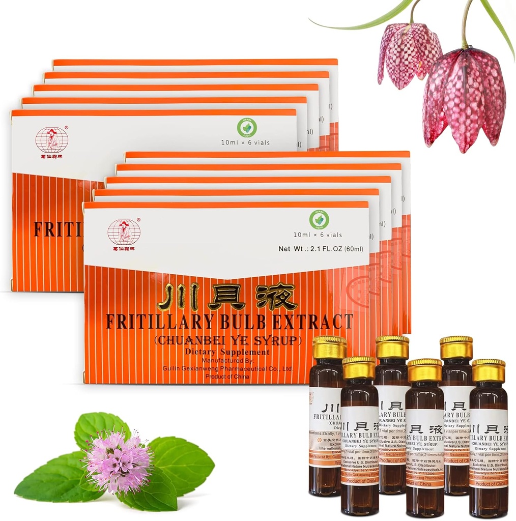 10 Pacote de HerbsDepo Extrato de Bolo Fritillary - Doce, Delicious, Non Drowsy e eficaz suplemento dietético líquido oral Tosse Syrup (Chuanbei Ye Syrup) - 60 Garrafas (10 ml por)