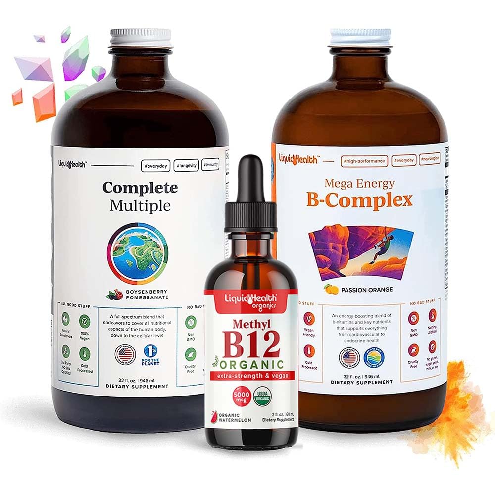 LIQUIDHEALTH Pacote de vitamina de alto desempenho para adultos com mega energia B-complexo, multivitamínico completo e vitaminas orgânicas B12 gotas - aumentar a energia natural e melhorar o desempenho atlético