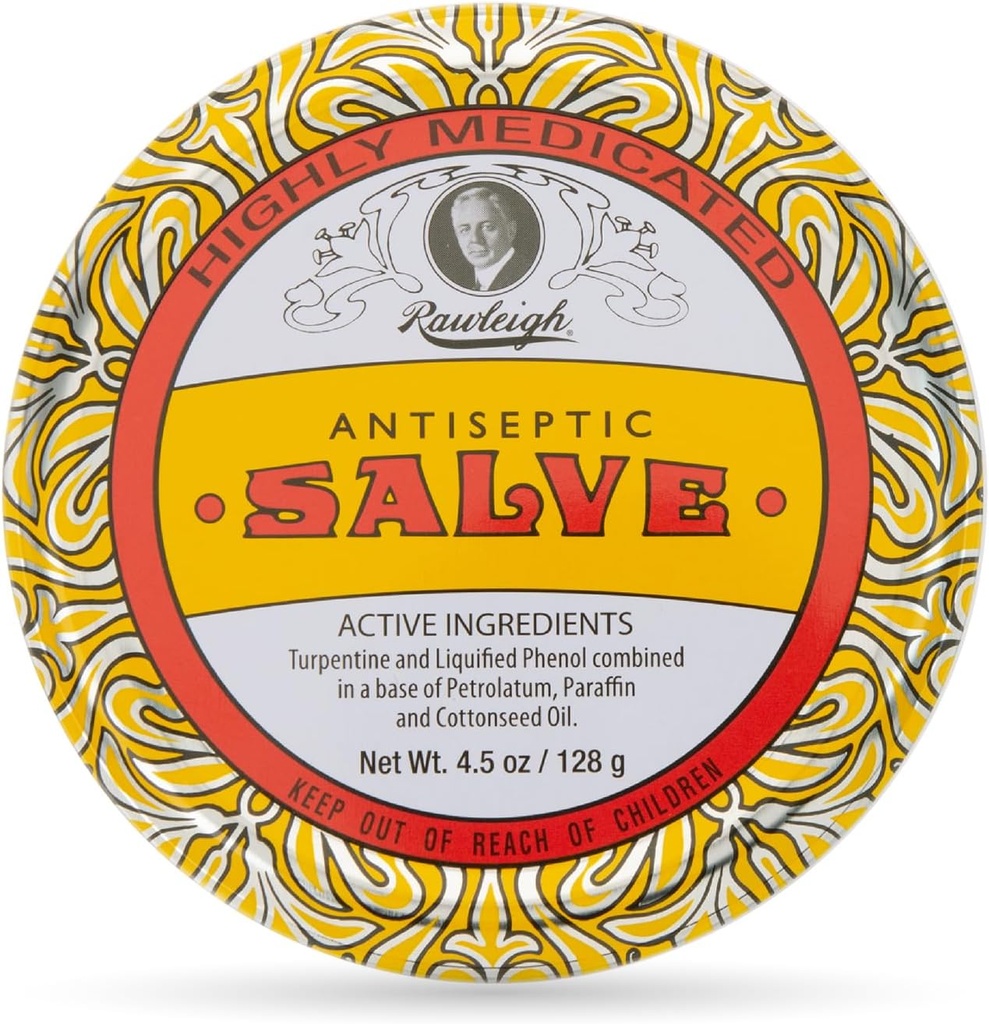 Rawleigh Antisséptico Salva Icônico Estanho amarelo: 4,5 onças, Natural, Multi-Purpose Pomada acalma cortes de pele, contusões, irritações, com Turpentina, Fenol, Óleo de Algodão, Fórmula original - Pacote de 1