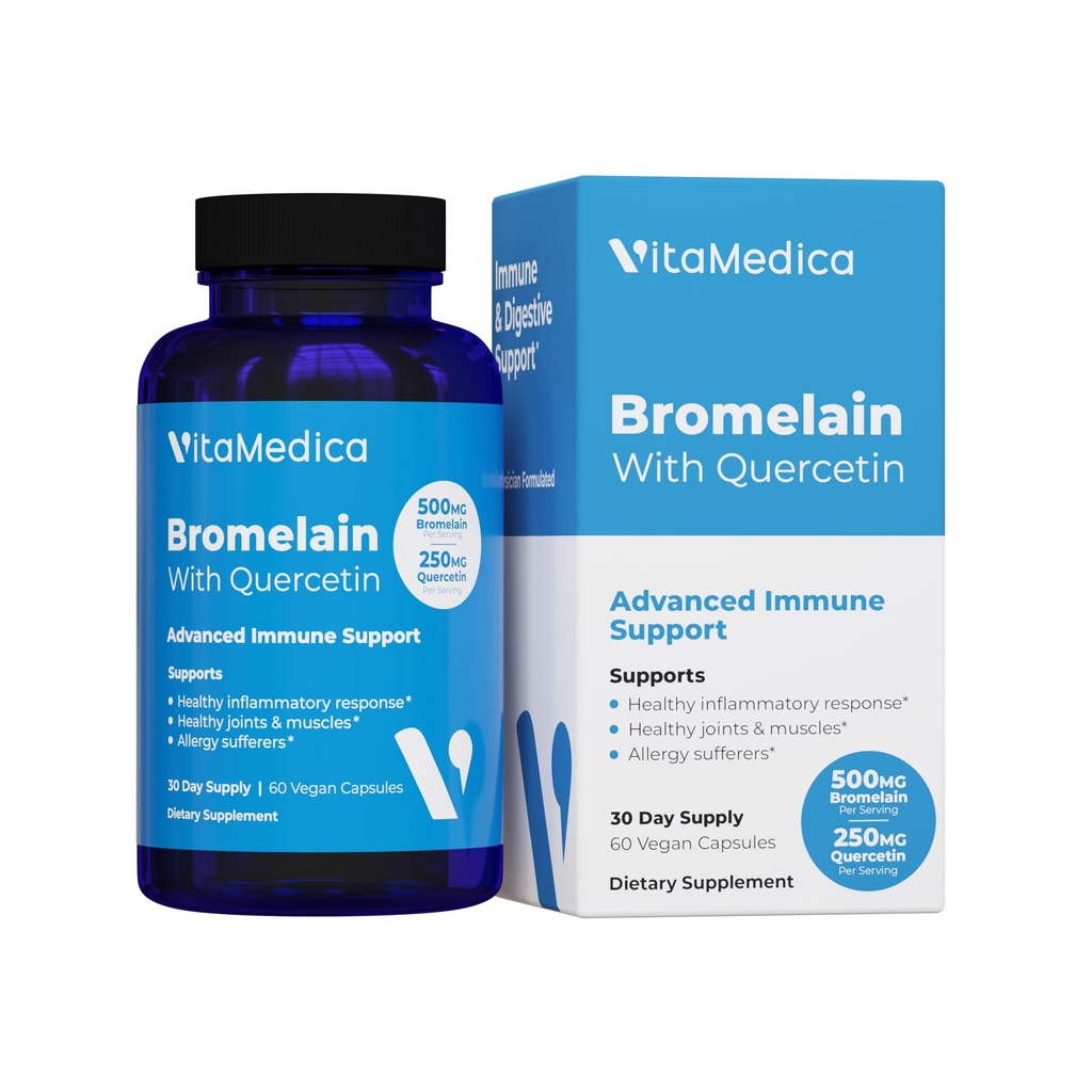 VitaMedica Bromelain & Quercetin Suplemento - 500mg Bromelain 250mg Quercetin - 2400 GDU para Imunidade, Apoio Conjunto, Inflamação e Recuperação Músculo - 60 Cápsulas Vegan - 30 Servimentos