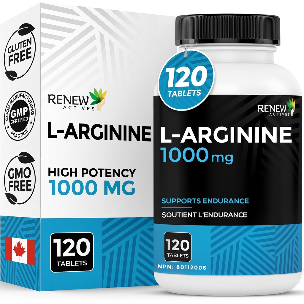 Renew Actives L-Arginina Suplemento 1000MG para servir - Força e resistência, Essential for Protein Synthesis & Muscle Function, Physical Performance Booster - Made in Canada - 120 Tablets