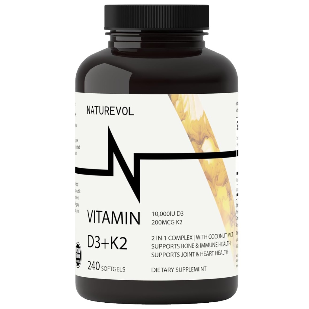 Vitamina D3 + K2 com óleo de coco - D3 10 000 UI & K2 (MK-7) 200 mcg de alta potência 2-em-1 Suporte para a saúde óssea e imunológica - 240 Softgels