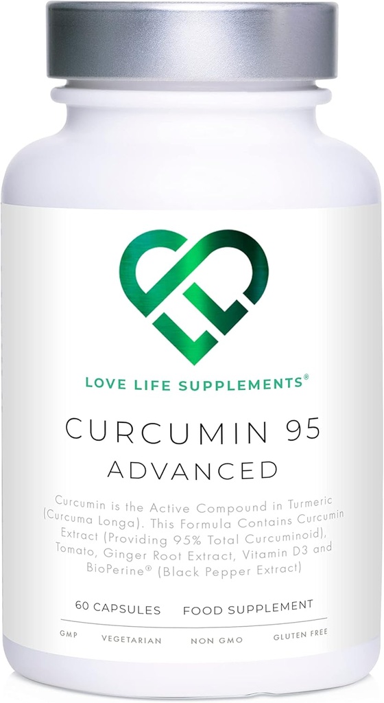 Curcumina 95 Advanced, 60 Cápsulas, Curcumina de alta resistência (O componente ativo do açafrão) com 95% de Curcuminóides + BioPerine® (Extrato de Pimenta Negra), Vitamina D, Tomate e Ginger Root, GMP aprovado