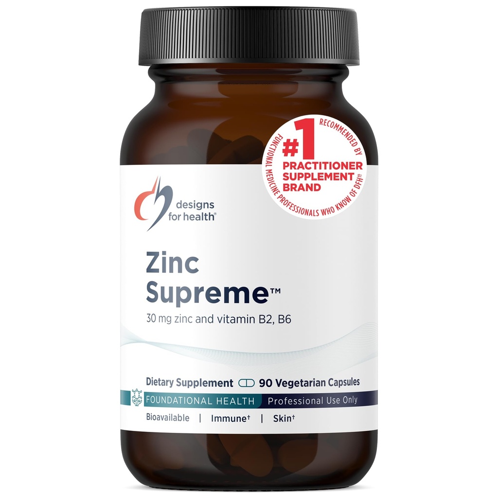 Designs para Saúde Zinco Supremo - 30mg Suplemento de Quelato de Bisglicinato de Zinco com Cofatores Taurina, Vitamina B6, B2 + Molibdênio - Suplemento de Apoio Imune - Vegan + Não-GMO (90 Cápsulas)