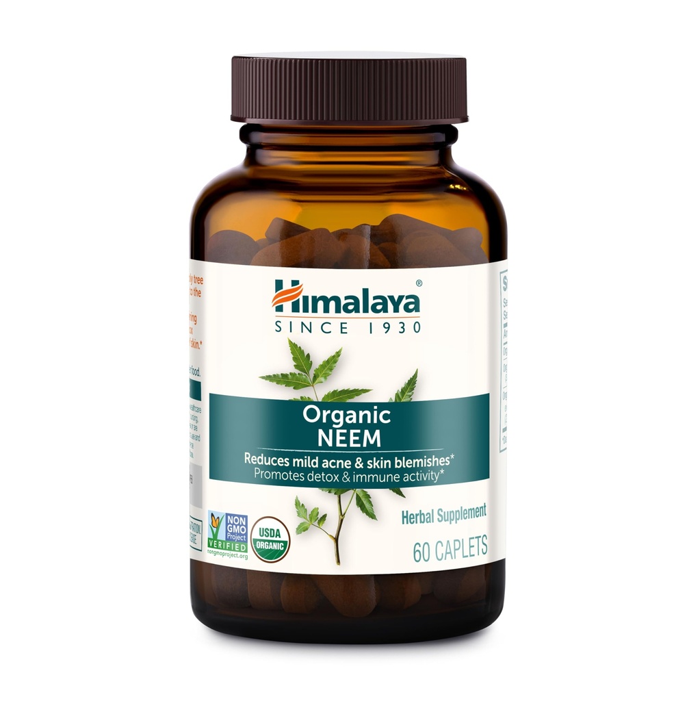 Himalaya Organic Neem, Fonte de 60 dias - Suplementos Herbal Acne Suportando Pele clara e Detox - USDA Organic, Vegan, Non-GMO, Gluten Free, 600 mg, 60 Caplets