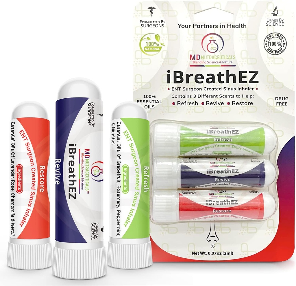 Kit de inalador nasal nasal do iBreathez Formulado por cirurgiões otorrinolaringológicos com Óleos Essenciais para Energia, Estresse, Descongestionamento e Resgate Frio ou Alergia (3 Pack)