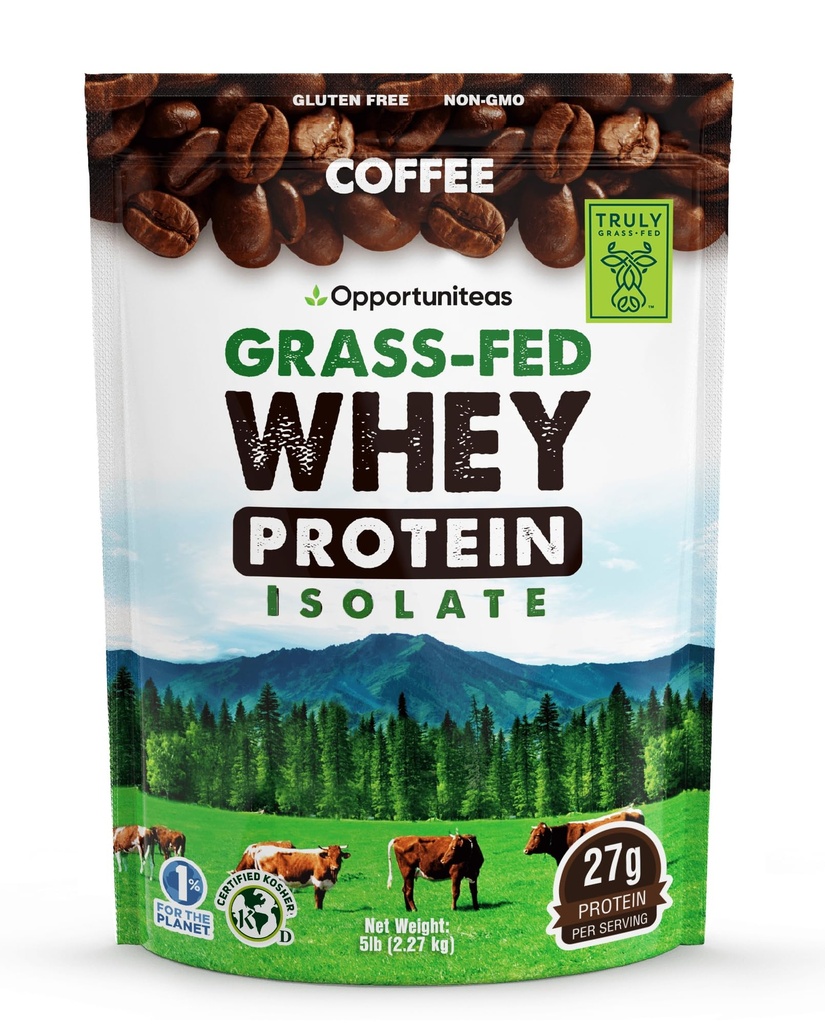Opportuniteas Grass Fed Coffee Whey Protein Isolate Powder - 27g de pó de proteína sem adoçantes artificiais, 60mg de cafeína, vacas sem hormônios - 5lb