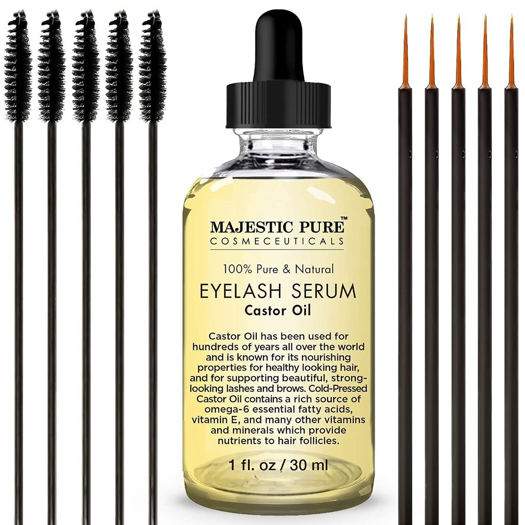 Majestic Puro Óleo de Castor Cílios - com Apple & Argan Stem Cells - Cílios de crescimento Sérum para mais espessas Cílios, Sobrancelhas e Cabelo - Free Set of Mascara Brush & Eyeliner Applicator - 1 fl oz