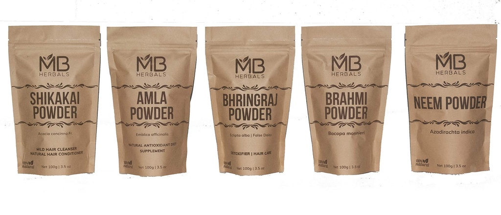 MB Herbals Hair Care Powders COMBO Pack   , Shikakai , Neem , Brahmi , Amla , Bhringaraj , Pó , 100 Grams Cada , Para o pacote de cabelo , Uso externo