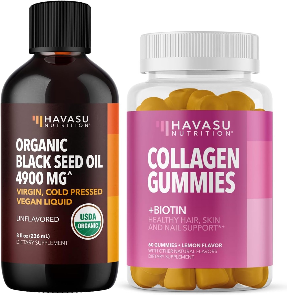NUTRIÇÃO HAVASU Líquido de óleo de semente preta orgânica + chicletes de colagénio