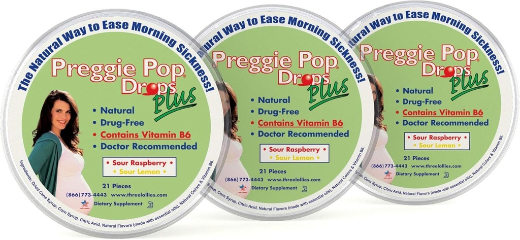Preggie Pop Drops Plus 21 gotas Cada vitamina B6 para a doença matutina durante a gravidez, seguro para grávida Mãe e bebê, sem glúten, dois sabores: limão e framboesa (Pack of 3)