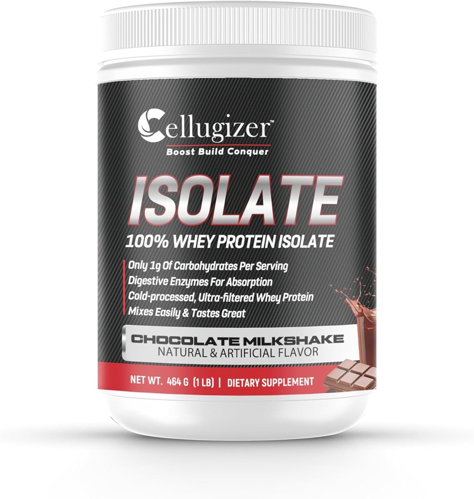 Cellugizer 100% Whey Isolate 1lb, Chocolate I 25g Proteína, Digestão rápida I 0g Açúcar, Baixo Carbo