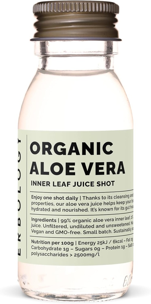 Erbology Organic Aloe Vera Juice 12 tiros diários (2 fl oz) - Apoio Imunidade e Detox - de Folha Interior - Direto da Fazenda em Espanha - Undiluted - No Added Sugar - No-GMO - Garrafa de vidro reciclável