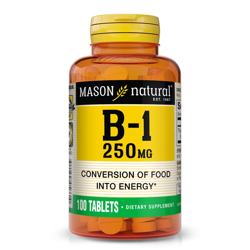 MASON NATURAL Vitamina B,1 Thiamine 250 mg, 100 dias de fornecimento Suplemento dietético, Fácil, para, Tablets Sufocantes, Suporte Produção de Energia e Metabolismo Saudável