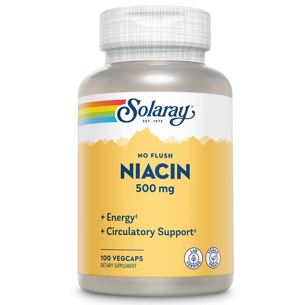 SOLARAY No Flush Niacin 500mg, Vitamina B3 livre de flush Niacin, Energia e suporte do sistema circulatório, Vegan, Laboratório verificado, 60-Dias de garantia dinheiro de volta, 100 Servings, 100 VegCaps