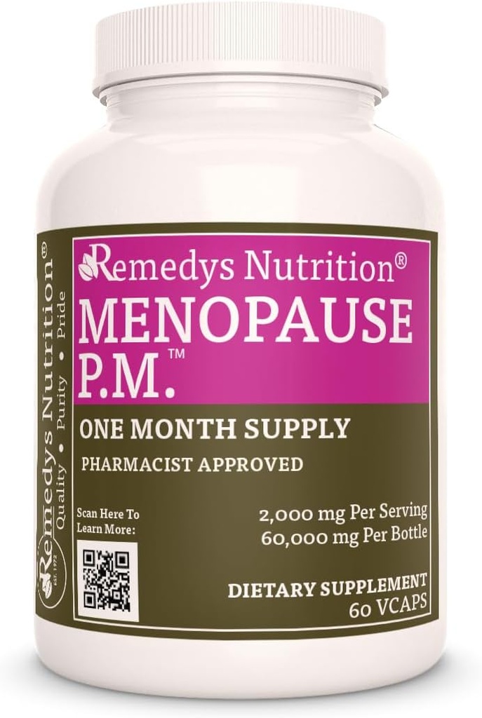 Remedy’s Nutrition Menopause P.M.TM □ 1.000 mg, 60 Vegan Cápsulas Herbal Dietary Supplement □ Dois Mês de Fornecimento