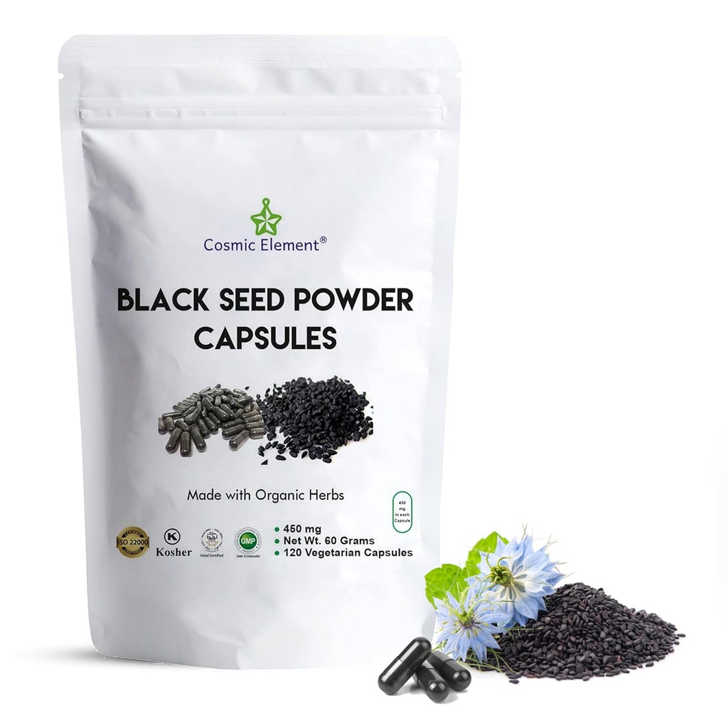 Elemento Cósmico 100% Pure Black Seed Powder Cápsulas Orgânico - Vegan Nigella Sativa 450mg Black Cumin Seeds por Serviço para Saúde - 120 Cápsulas