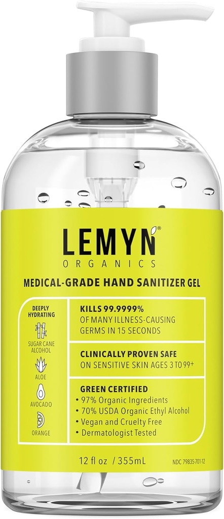 Gel higiénico para mãos – 97 % Orgânico – 70 % Álcool etílico da USP – Hidratante Aloe + Ácido hialurónico – recém-feito nos EUA Frasco com bomba