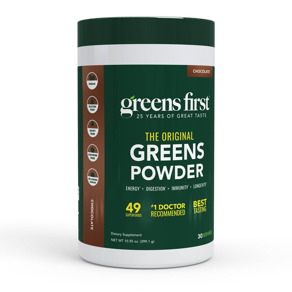 Verdes Primeiro Verdes Original Pó - 49 Superalimentos - Frutas e legumes orgânicos - Prebióticos, Probióticos & Enzimas Digestivas - Antioxidante Smoothie - Dairy Free, Vegan, Não-GMO (Chocolate, 30 Servings)
