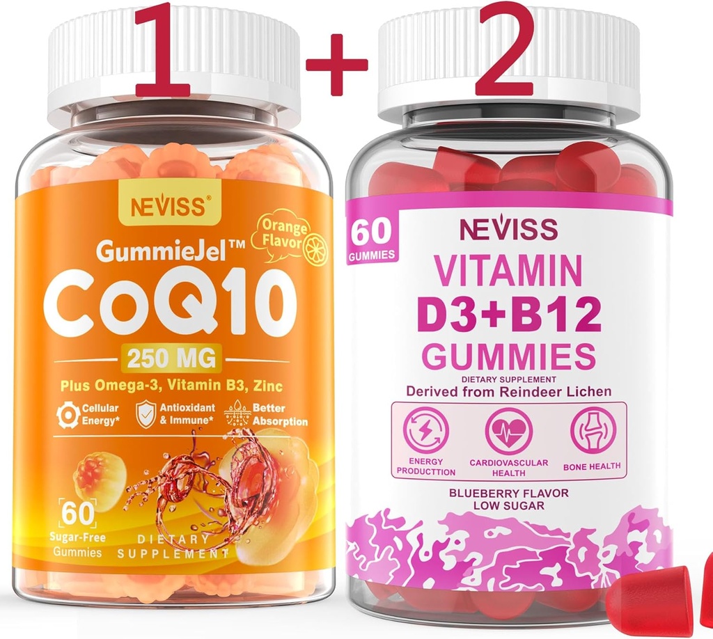 NEVISS sem açúcar CoQ10-250mg chicletes preenchidos,60Cts + Vegan Vitamina D3 5000UI & Metil B12 1000mcg chicletes, 120Cts