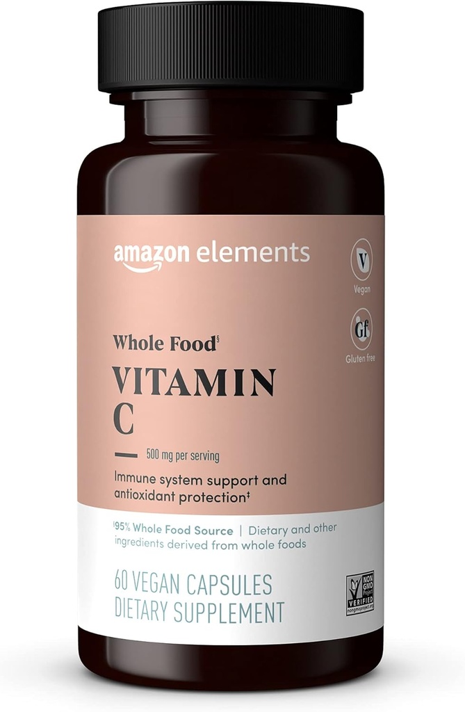 Elementos - Alimentos inteiros Vitamina C, 95% Whole Food Source, Dietary e outros ingredientes derivados de alimentos integrais, ingredientes não-GMO verificados, vegan certificado, e sem glúten, 60 cápsulas