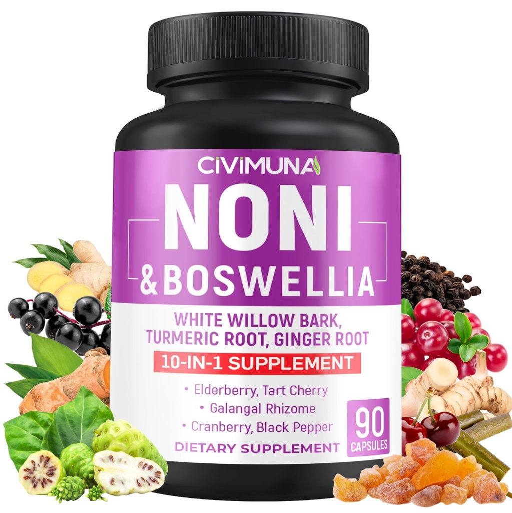 Noni Cápsulas com Boswellia, White Willow Bark, Turmeric, Ginger Root e Mais - 90 Cápsulas para 3 meses de fornecimento