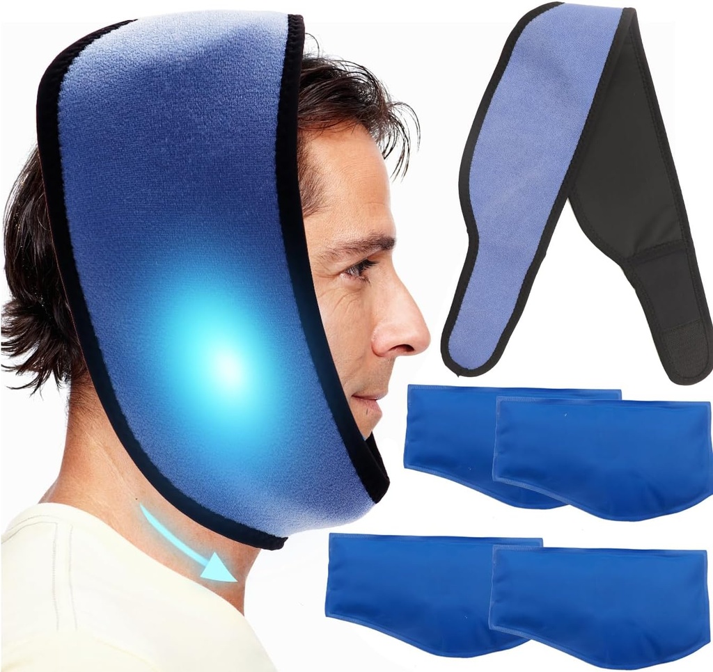 Pacote Genérico de Gelo Face para Jaw, Toothache Ice Pack Cold Compress for Head and Chin, Reusable Hot or Cold Gel Packs Pain Alief for TMJ, Oral and Facial Surgery, Implants Dental (1 Wrap+4 Ice Pack)