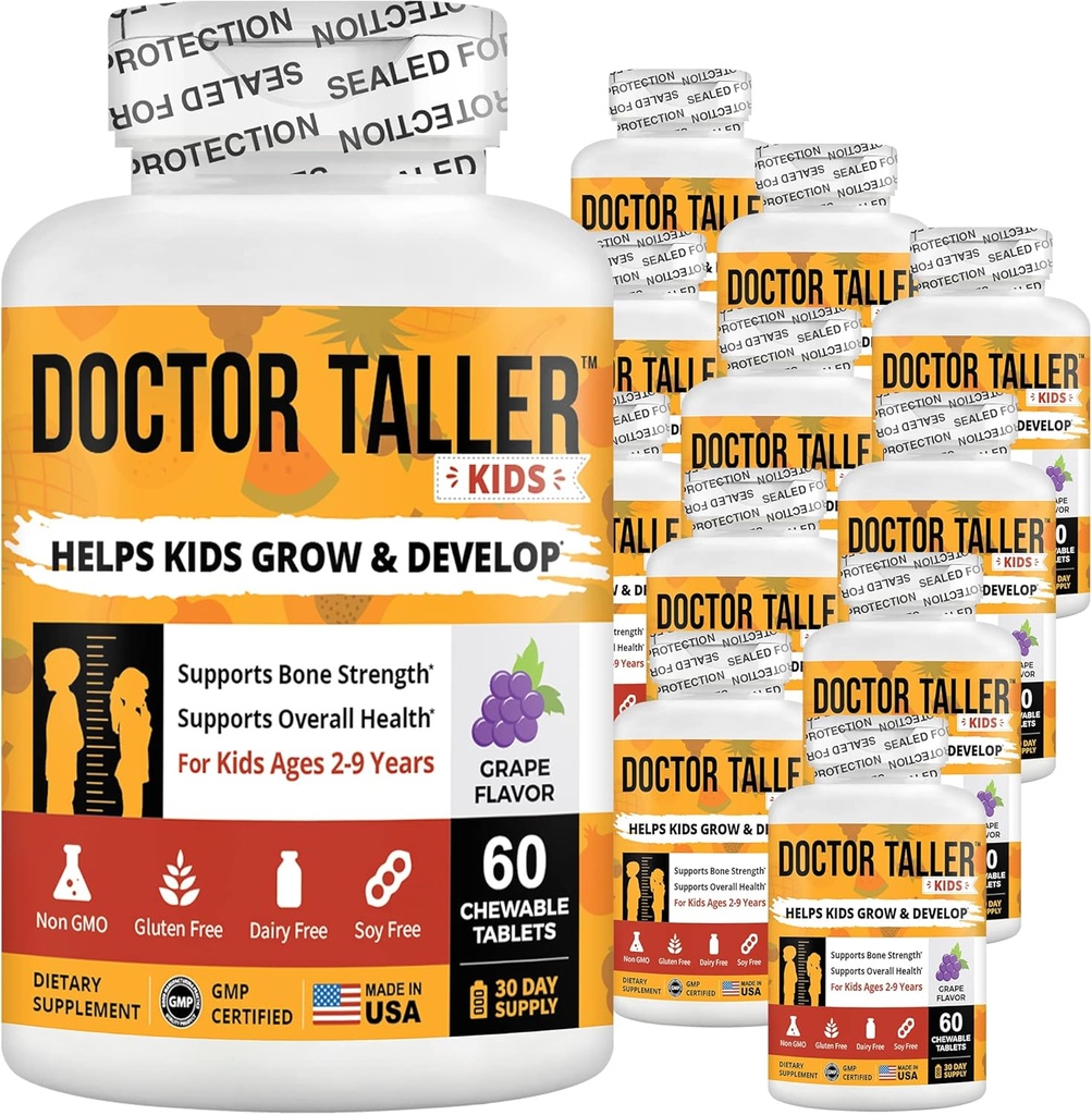 NuBest Doutor Taller Crianças com multivitamínicos, Multiminerais, Comprimidos mastigáveis de cálcio, Suplemento de cálcio para crianças Idades 2 a 9 - Sabor de uva - Ajuda Crianças Saudáveis - 12 Pack