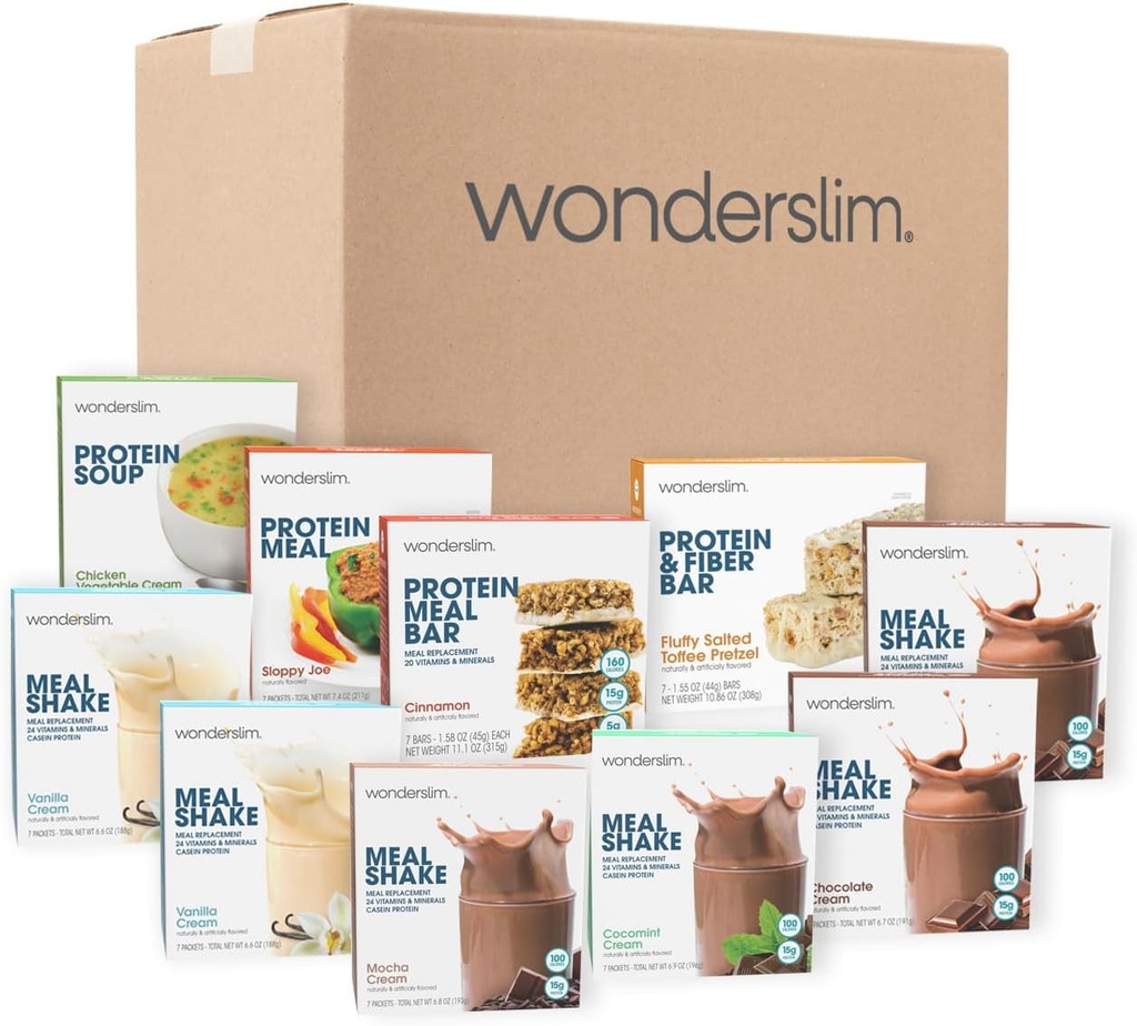 Wonderslim 2 Semana Peso Perda Kit de Refeição – 70 Pronto para comer alimentos dietéticos para perda de peso, refeições pré-embaladas e lanches para homens e mulheres, com estrutura integrada para sucesso de longo prazo